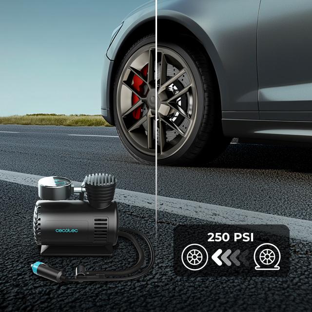 Cecotec Hinchador Eléctrico CecoRaptor Perfect Pump Hinchador Con Voltaje De 12V. Corriente Máxima De 10 A. Presión Máxima De 250 PSI. Diámetro Del Cilindro De 16 Mm De Cable De 2.8 M Con Mechero Y Manguera De Aire De 0.5 M