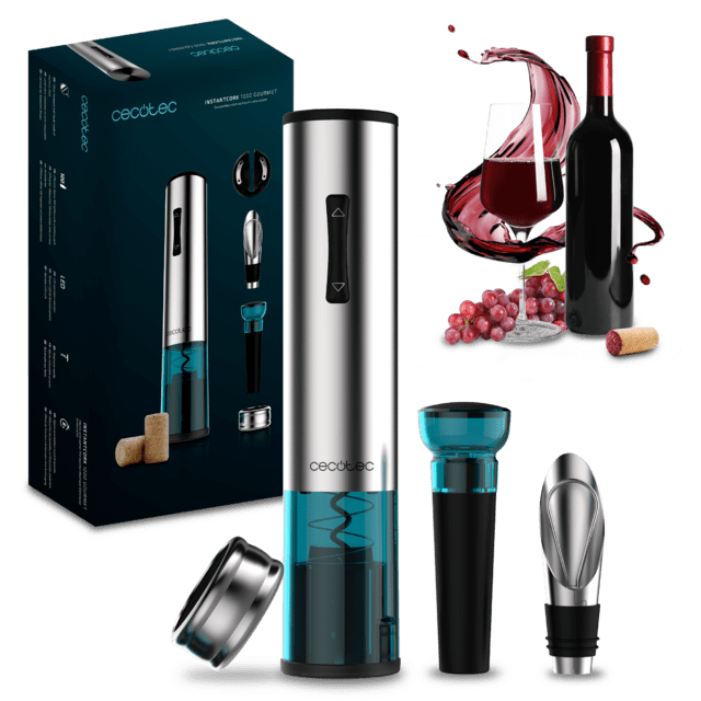 Cecotec InstantCork 1000 Gourmet. Sacacorchos Eléctrico que Abre Botellas en solo 8 segundos Funciona con 4 Pilas Luz LED Aguja helicoidal de Acero Cuerpo de acero inoxidable Sacacorchos Eléctrico