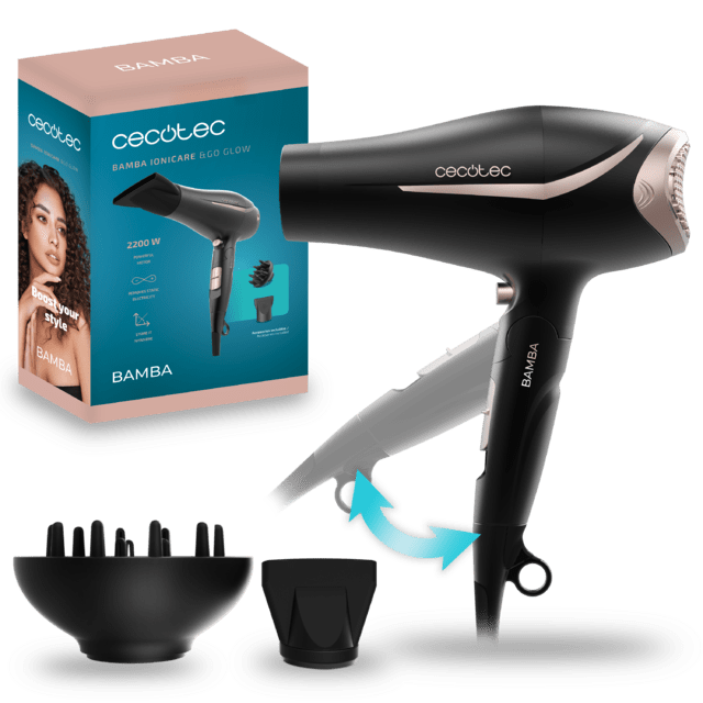 Cecotec IoniCare &Go Glow Secadores de pelo plegable con 2200W de potencia aire frío boquilla y difusor. Secadores de pelo