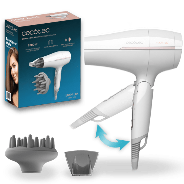 Cecotec IoniCare Power&Go Heaven Secador de pelo de viaje con 2000 W 2 temperaturas 2 velocidades botón de aire frío boquilla concentradora y difusor Secador de pelo de viaje