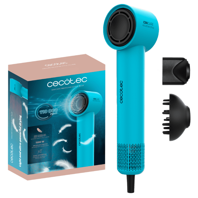 Cecotec IoniCare RockStar Style Blue Secador muy compacto y ligero con motor brushless de 1500W y 110000 rpm. Secador de pelo