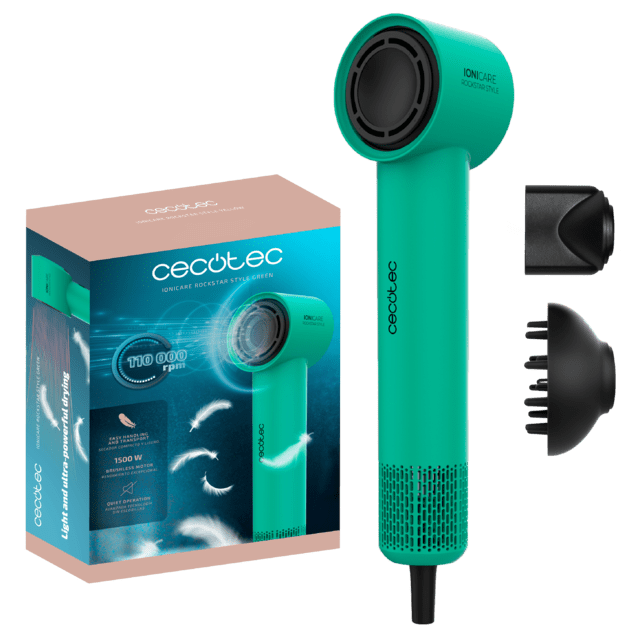 Cecotec IoniCare RockStar Style Green Secador muy compacto y ligero con motor brushless de 1500W y 110000 rpm. Secador de pelo