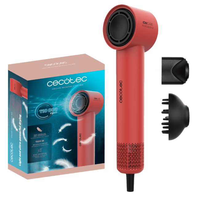 Cecotec IoniCare RockStar Style Red Secador muy compacto y ligero con motor brushless de 1500W y 110000 rpm. Secador de pelo