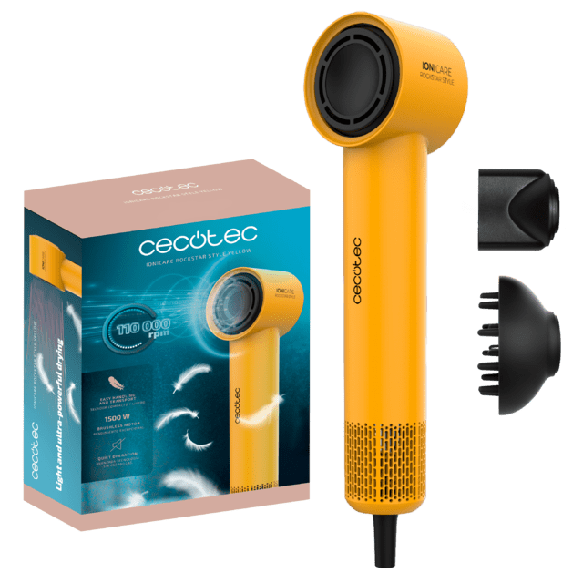 Cecotec IoniCare RockStar Style Yellow Secador muy compacto y ligero con motor brushless de 1500W y 110000 rpm. Secador de pelo