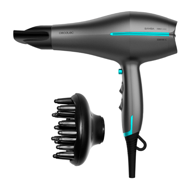 Cecotec Iónico Bamba IoniCare 5300 Maxi Aura Black. Secador de Pelo con 2200 W Motor AC Función de Aire frío Cable 1.8 m Incluye Difusor y Concentrador Negro Secador iónico de pelo AC con difusor