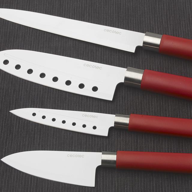 Cecotec Juego De 4 Cuchillos Profesionales De Estilo Japonés Sanyoku. Filo De Grosor De 2mm Cuchillo De Trinchar Cuchillo Chef Cuchillo Multiusos Cuchillo Picador Presentación En Estuche (Rojo) Set De 4 Cuchillos Profesionales