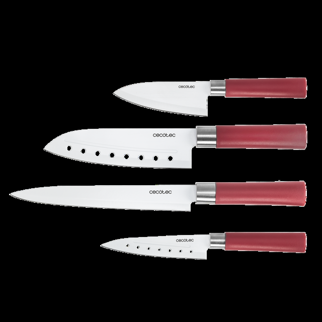Cecotec Juego de 4 Cuchillos Profesionales de Estilo japonés Sanyoku. Filo de grosor de 2mm Cuchillo de trinchar Cuchillo Chef Cuchillo multiusos Cuchillo picador Presentación en Estuche (Rojo) Set de 4 cuchillos profesionales