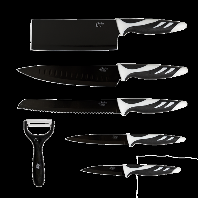 Cecotec Juego de 6 Cuchillos de Cocina de Alta Gama. Cuchillos Profesionales de Estilo Suizo. Color Blanco o Negro. Swiss Chef (Negro) Set de 6 cuchillos profesionales suizos. 