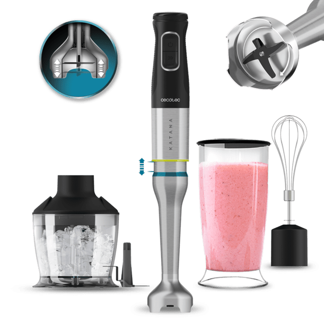 Cecotec Katana 12 Chop B Batidora de mano con potencia de 1200 W y 4 cuchillas recubiertas de titanio negro de gran dureza para triturar hasta los alimentos más duros. Con PerreoMove sistema que mueve las cuchillas arriba y aba