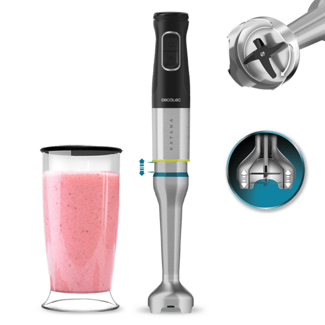 Cecotec Katana 12 Jar B Batidora de mano con potencia de 1200 W y 4 cuchillas recubiertas de titanio negro de gran dureza para tritutar hasta los alimentos más duros. Con PerreoMove sistema que mueve las cuchillas arriba y abaj