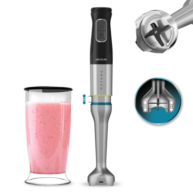 Cecotec Katana 12 Jar D Batidora De Mano Con Potencia De 1200 W Y 4 Cuchillas Recubiertas De Titanio Negro De Gran Dureza Para Triturar Hasta Los Alimentos Más Duros. Con PerreoMove Sistema Que Mueve Las Cuchillas Arriba Y Abaj