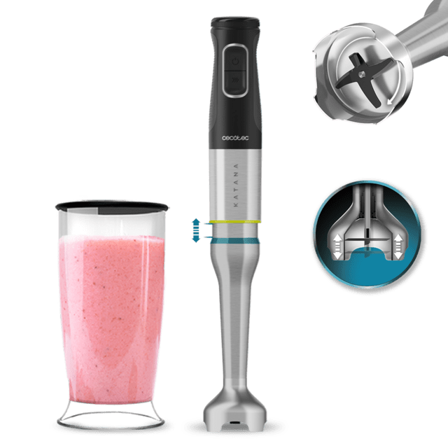 Cecotec Katana 12 Jar S Batidora de mano con potencia de 1200 W y 4 cuchillas recubiertas de titanio negro de gran dureza para triturar hasta los alimentos más duros. Con PerreoMove sistema que mueve las cuchillas arriba y abaj