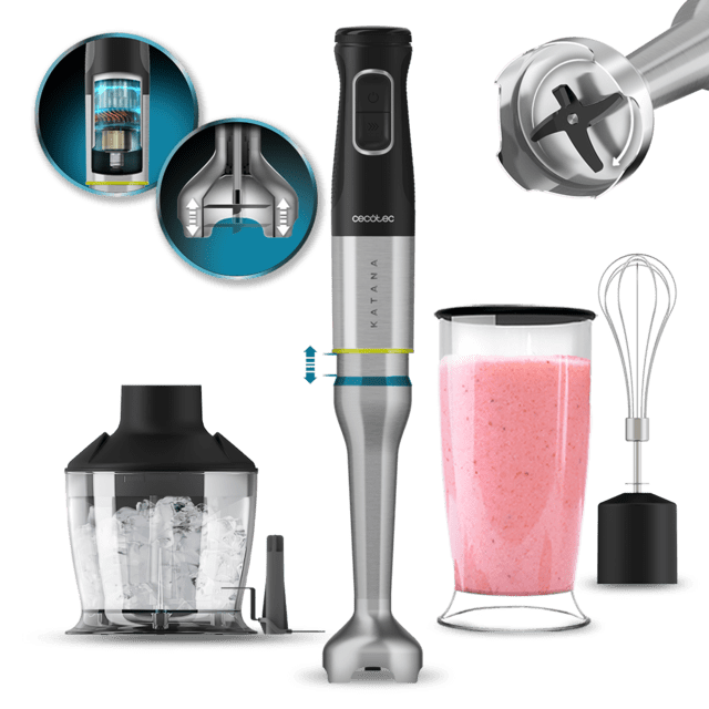 Cecotec Katana 15 Chop B Batidora de mano con 1500 W y 4 cuchillas recubiertas de titanio negro de gran dureza para triturar hasta los alimentos más duros. Con PerreoMove sistema que mueve las cuchillas arriba y abajo para bati