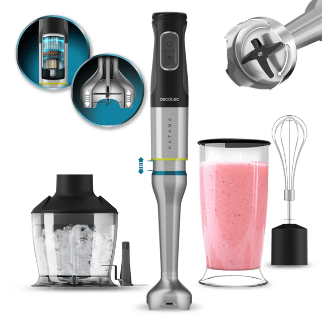 Cecotec Katana 15 Chop G Batidora de mano con 1500 W y 4 cuchillas recubiertas de titanio negro de gran dureza para tritutar hasta los alimentos más duros. Con PerreoMove sistema que mueve las cuchillas arriba y abajo para bati