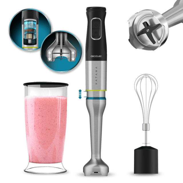 Cecotec Katana 15 Cream B Batidora de mano con 1500 W y 4 cuchillas recubiertas de titanio negro de gran dureza para triturar hasta los alimentos más duros. Con PerreoMove sistema que mueve las cuchillas arriba y abajo para bat