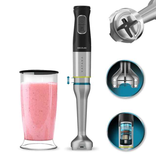 Cecotec Katana 15 Jar D Batidora De Mano Con 1500 W Y 4 Cuchillas Recubiertas De Titanio Negro De Gran Dureza Para Tritutar Hasta Los Alimentos Más Duros. Con PerreoMove Sistema Que Mueve Las Cuchillas Arriba Y Abajo Para Batir