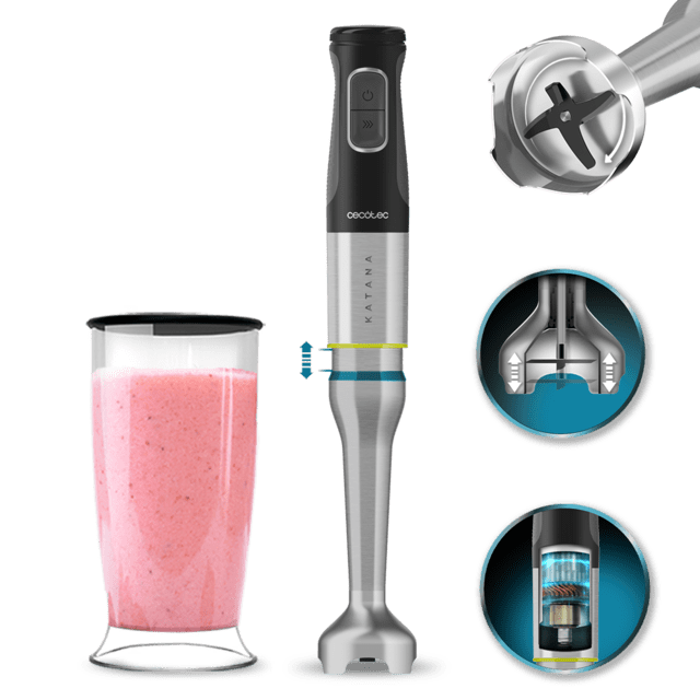 Cecotec Katana 15 Jar G Batidora de mano con 1500 W y 4 cuchillas recubiertas de titanio negro de gran dureza para triturar hasta los alimentos más duros. Con PerreoMove sistema que mueve las cuchillas arriba y abajo para batir