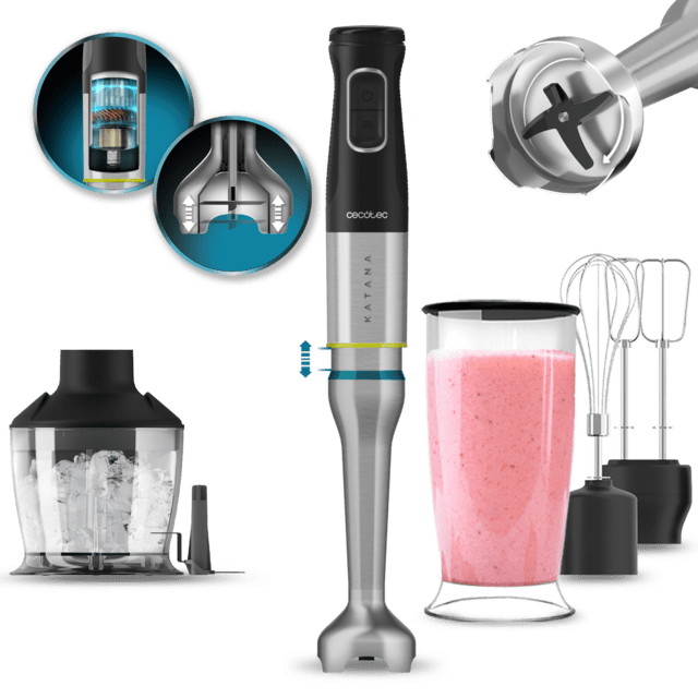 Cecotec Katana 15 Smash B Batidora de mano con 1500 W con 4 cuchillas recubiertas de titanio negro que trituran ingredientes más duros en menos tiempo. Con PerreoMove sistema que mueve las cuchillas arriba y abajo para batir m