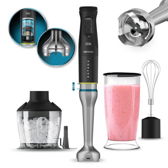 Cecotec Katana 15 TotalDestroy Chop B Batidora de mano con 1500 W. Tecnología TotalDestroy con 4 cuchillas recubiertas de titanio negro que trituran ingredientes más duros en menos tiempo. PerreoMove que mueve las cuchillas ar