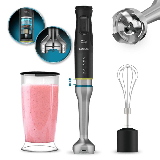 Cecotec Katana 15 TotalDestroy Cream B Batidora de mano con 1500 W. Tecnología TotalDestroy con 4 cuchillas recubiertas de titanio negro que trituran ingredientes más duros en menos tiempo. PerreoMove que mueve las cuchillas a
