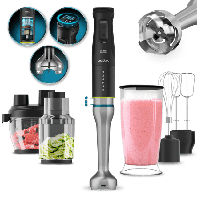 Cecotec Katana 15 TotalDestroy Full B Screen Screen Batidora de mano con 1500 W y pantalla digital. Tecnología TotalDestroy con 4 cuchillas recubiertas de titanio negro que trituran ingredientes más duros en menos tiempo. Perr