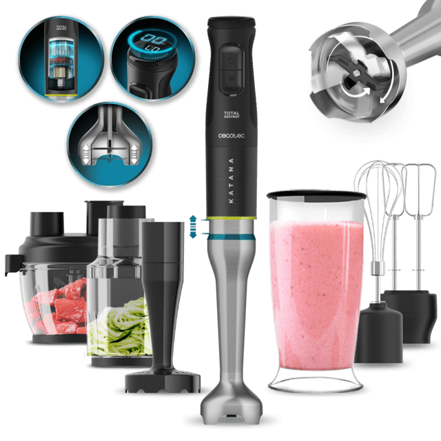 Cecotec Katana 15 TotalDestroy Full Black Screen Batidora de mano con 1500 W y pantalla digital. Tecnología TotalDestroy con 4 cuchillas recubiertas de titanio negro que trituran ingredientes más duros en menos tiempo. PerreoM