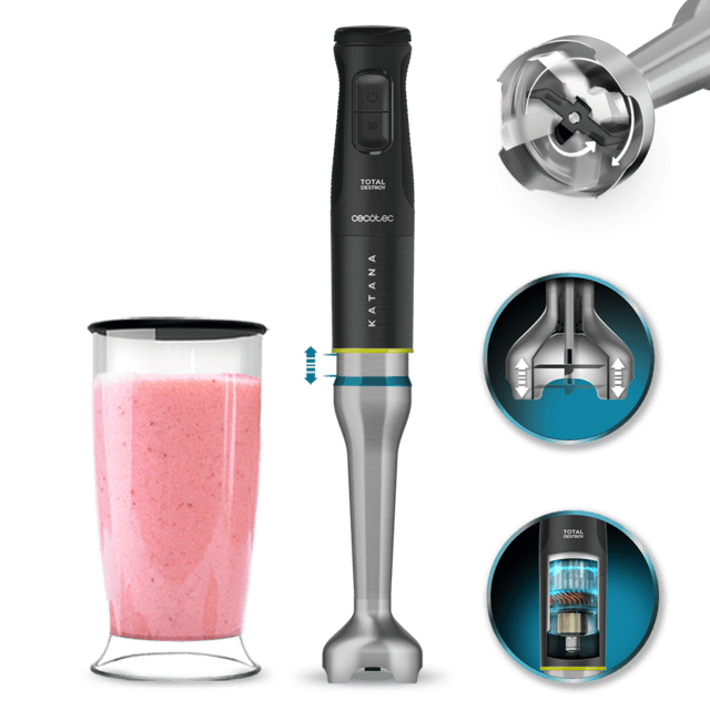 Cecotec Katana 15 TotalDestroy Jar B Batidora De Mano Con 1500 W. Innovadora Tecnología TotalDestroy Con 4 Cuchillas Recubiertas De Titanio Negro Que Giran En Sentido Contrario Y Trituran Ingredientes Más Duros En Menos Tiempo
