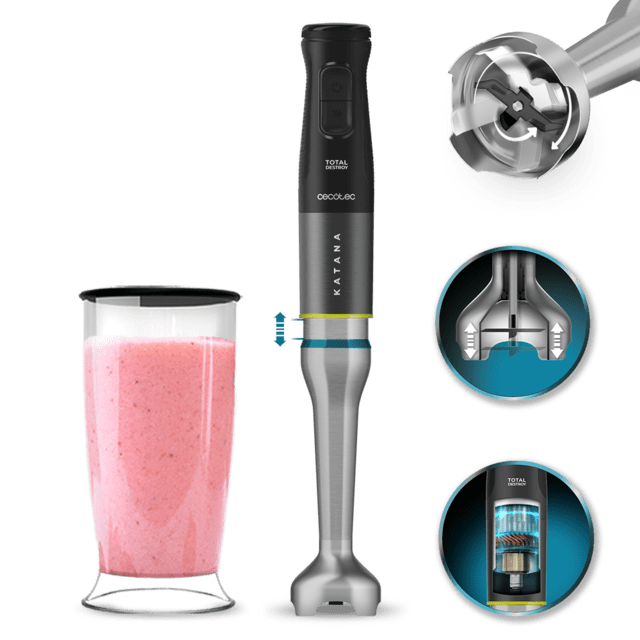 Cecotec Katana 15 TotalDestroy Jar G Batidora de mano con 1500 W. Innovadora tecnología TotalDestroy con 4 cuchillas recubiertas de titanio negro que giran en sentido contrario y trituran ingredientes más duros en menos tiempo