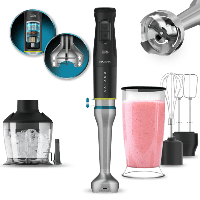 Cecotec Katana 15 TotalDestroy Smash B Batidora de mano con 1500 W. Tecnología TotalDestroy con 4 cuchillas recubiertas de titanio negro que trituran ingredientes más duros en menos tiempo. PerreoMove que mueve las cuchillas a