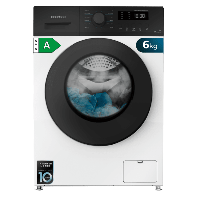 Cecotec Lavadora de 6 kg de capacidad y 1000 rpm 12 programas Clase A Motor Inverter Plus Steam Max Drum Clean Delay Start y Child Lock. Lavadora de 6 kg