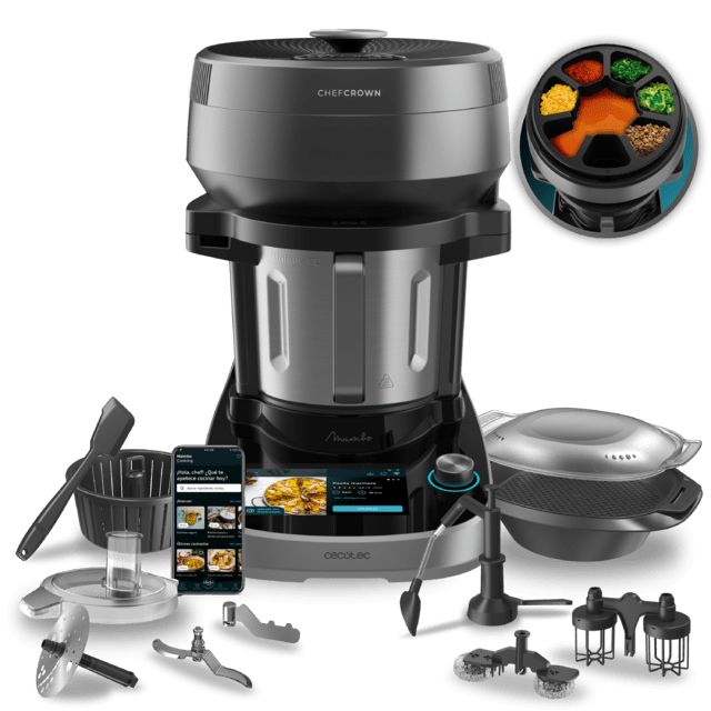 Cecotec Mambo CooKing Unique Robot de cocina multifunción con dispensador de alimentos. 2200 W 45 Funciones Miles de Recetas Guiadas Jarra Unique de 4 5L Accesorios: Vaporera o Pala para Guisos Robot de cocina