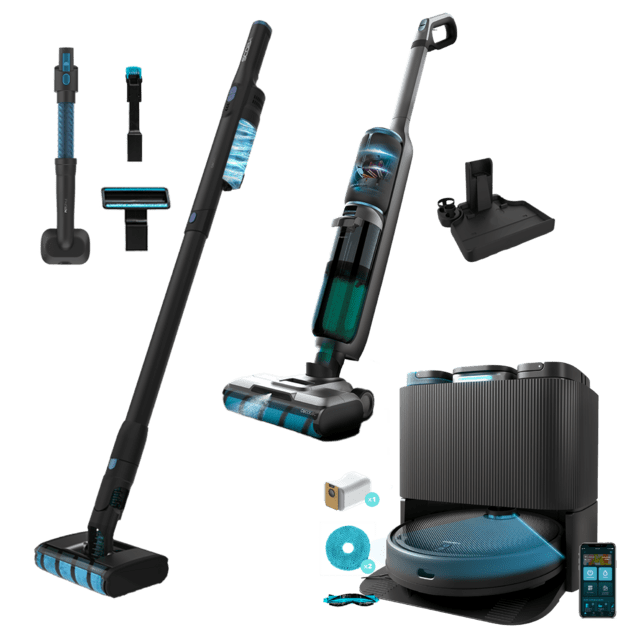 Cecotec Pack Conga 11090 Spin Revolution Home&Wash + Conga Scoba 2100 Twice Animal + FreeGo Wash&Vacuum Spray Robot aspirador láser con base de autovaciado y friegasuelos + Aspirador escoba sin cables + Fregona eléctrica  