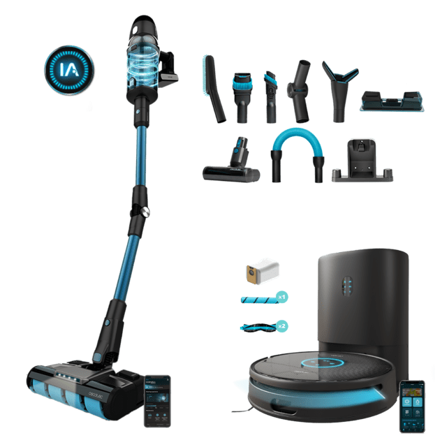 Cecotec Pack Conga 12090 Twice Roller Home&Fill + Conga Rockstar 3000 Advance Ergowet Connected IA Robot aspirador láser y friegasuelos con base de autovaciado + Aspirador escoba 
