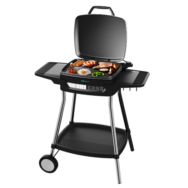 Cecotec Perfect Country 2000 EasyMove. Barbacoa Eléctrica De 2000 W Superficie Mixta Y Antiadherente Tapa Abatible Termostato Regulable Bandeja Recogegrasas Patas De Acero Y Ruedas Barbacoa Eléctrica