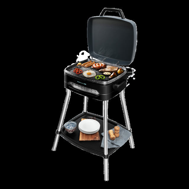 Cecotec PerfectCountry BBQ . Barbacoa Eléctrica Con Patas Tapa Abatible y Bandeja Inferior Revestimiento RockStone Bandeja Recogegrasas Superficie 43x38cm Temperatura Ajustable 2000 W Barbacoa eléctrica