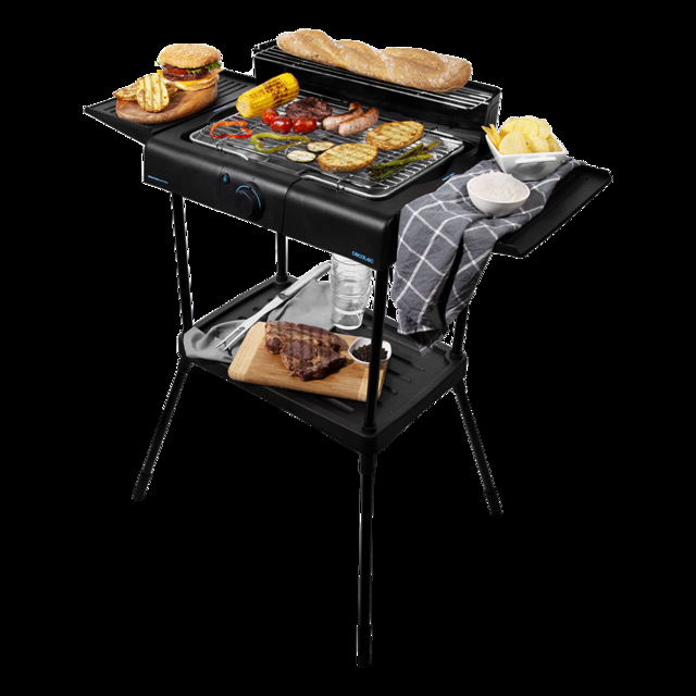 Cecotec PerfectSteak 4250 Stand. Barbacoa Eléctrica De 2400 W Parrilla De Acero Inoxidable Soportes Con Gran Superficie 3 Niveles De Altura Y Panel Cortavientos Bandeja Desmontable Barbacoa Eléctrica Con Patas Y Parrilla