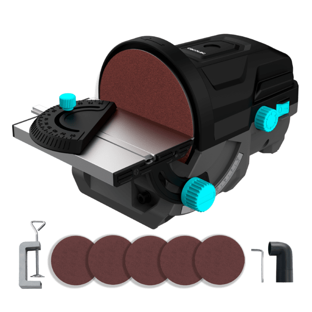 Cecotec PerfectSurface 1000 Stand Disc Lijadora de disco de sobremesa con 140W de potencia. Incluye recambios y adaptador para conectar el aspirador. Permite anclaje a la mesa. Lijadora de disco