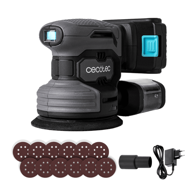 Cecotec PerfectSurface 2120 Rotate Lijadora rotorbital a batería 21V. Incluye 12 recambios. Libertad movimiento. Moviimiento rotorbital 360º. Velocidad de 13.000rpm. Incluye depósito de polvo y conexión para el aspirador. Li