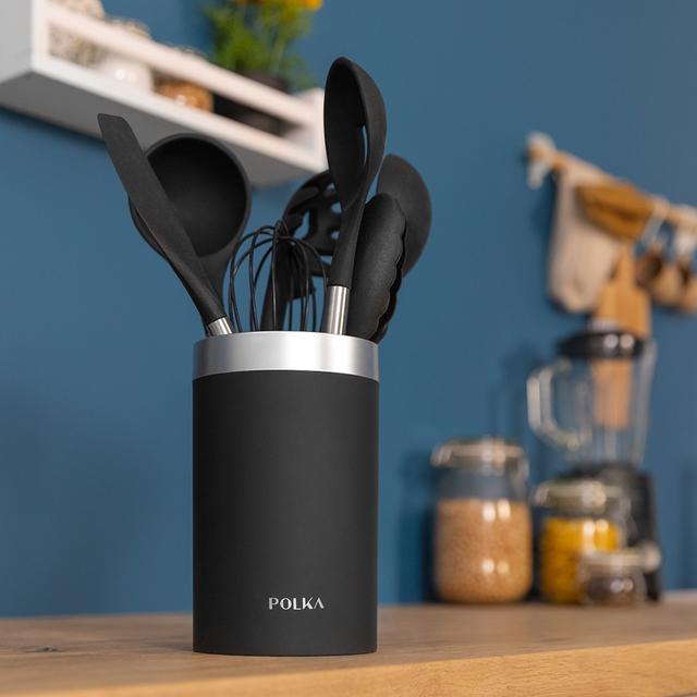Cecotec Polka Excellence Force. Utensilios De Cocina De Silicona De 9 Piezas Negro Recubierto Soft Touch Y Mango Efecto Madera. Materiales: Silicona Nylon Y PP Incluye Holder Polka Utensilios De Cocina