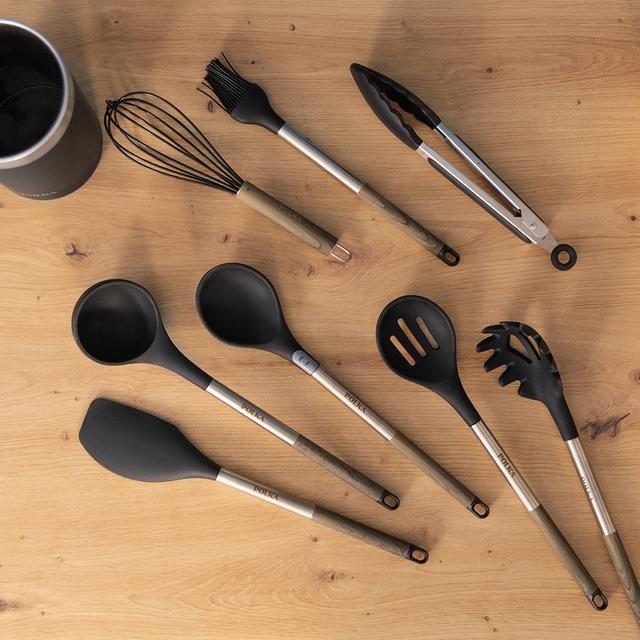 Cecotec Polka Excellence Force. Utensilios De Cocina De Silicona De 9 Piezas Negro Recubierto Soft Touch Y Mango Efecto Madera. Materiales: Silicona Nylon Y PP Incluye Holder Polka Utensilios De Cocina