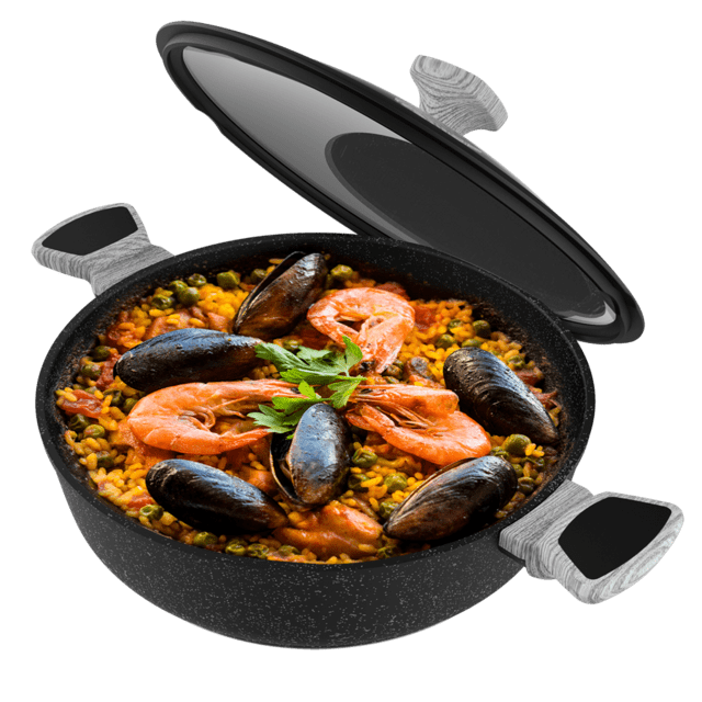 Cecotec Polka Exclusive 28 Low Pot Wood&Rock. Olla Baja con Diámetro de 28 cm Mango frío de Baquelita Aluminio Forjado Revestimiento Antiadherente Teflon Apta para Lavavajillas y Todo Tipo de Cocinas Olla