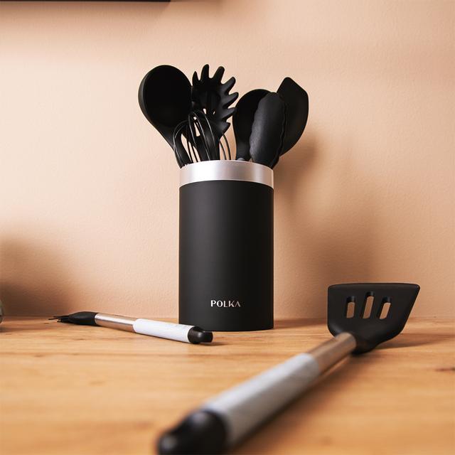 Cecotec Polka Exclusive Wood&Rock. Utensilios De Cocina De Silicona De 9 Piezas Negro Recubierto Soft Touch Y Mango De Acero. Materiales: Silicona Nylon Y PP Incluye Holder Polka Utensilios De Cocina