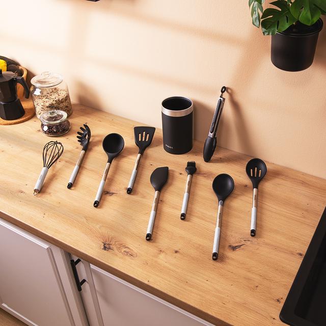 Cecotec Polka Exclusive Wood&Rock. Utensilios De Cocina De Silicona De 9 Piezas Negro Recubierto Soft Touch Y Mango De Acero. Materiales: Silicona Nylon Y PP Incluye Holder Polka Utensilios De Cocina