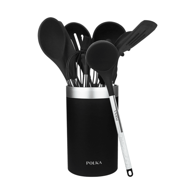 Cecotec Polka Exclusive Wood&Rock. Utensilios de Cocina de Silicona de 9 piezas Negro Recubierto Soft touch y Mango de Acero. Materiales: Silicona Nylon y PP Incluye Holder Polka Utensilios de cocina