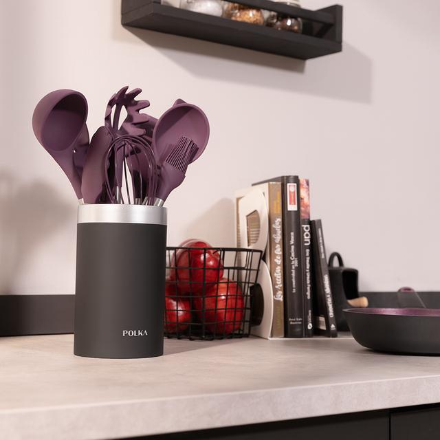 Cecotec Polka Experience Set Titan. Utensilios De Cocina De Silicona De 9 Piezas Morado Recubierto Soft Touch Y Mango De Acero. Materiales: Silicona Nylon Y PP Incluye Holder Polka Utensilios De Cocina