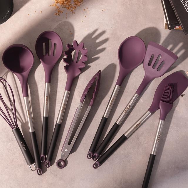 Cecotec Polka Experience Set Titan. Utensilios De Cocina De Silicona De 9 Piezas Morado Recubierto Soft Touch Y Mango De Acero. Materiales: Silicona Nylon Y PP Incluye Holder Polka Utensilios De Cocina