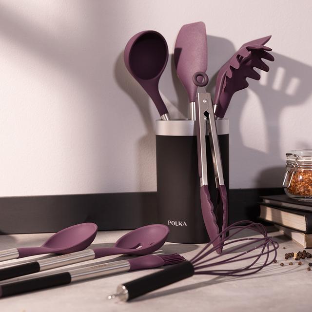 Cecotec Polka Experience Set Titan. Utensilios De Cocina De Silicona De 9 Piezas Morado Recubierto Soft Touch Y Mango De Acero. Materiales: Silicona Nylon Y PP Incluye Holder Polka Utensilios De Cocina