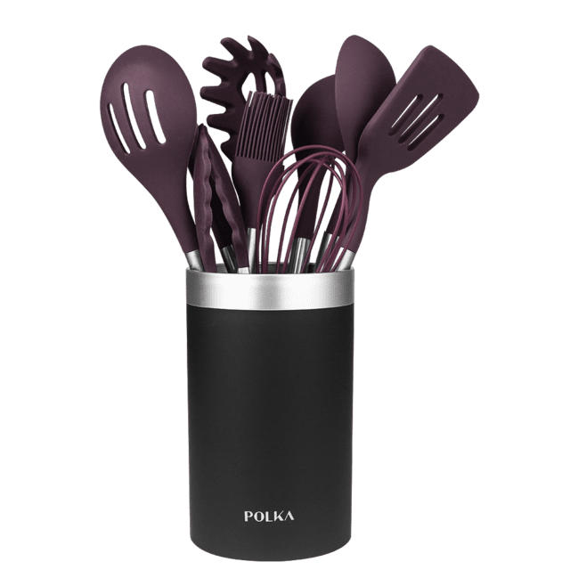 Cecotec Polka Experience Set Titan. Utensilios de Cocina de Silicona de 9 piezas Morado Recubierto Soft touch y Mango de Acero. Materiales: Silicona Nylon y PP Incluye Holder Polka Utensilios de Cocina