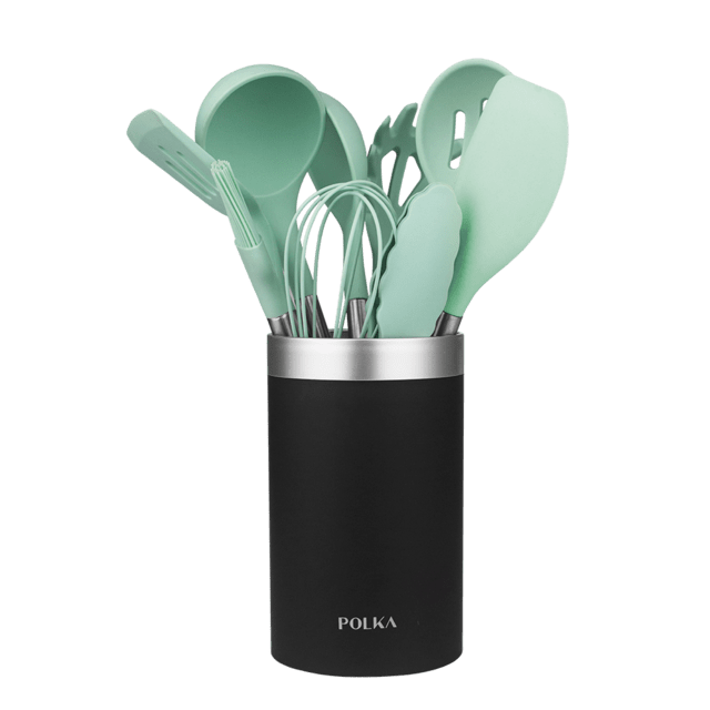 Cecotec Polka Experience Shark. Utensilios de Cocina de Silicona de 9 piezas Azul pastel Recubierto Soft touch y Mango de Acero. Materiales: Silicona Nylon y PP Incluye Holder Polka Utensilios de cocina