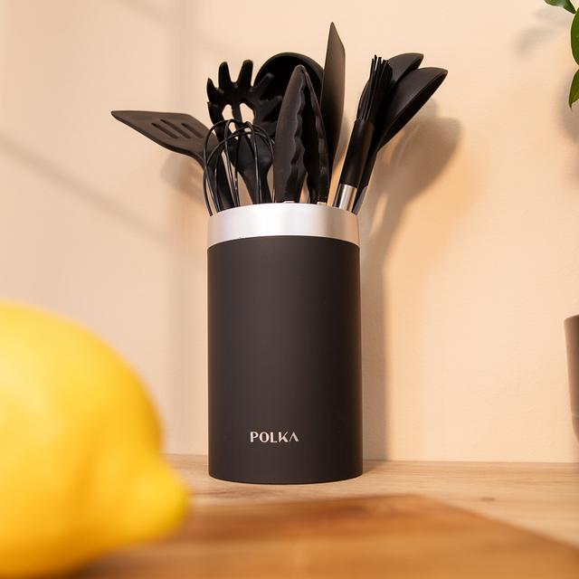 Cecotec Polka Platinum Thunder. Utensilios De Cocina De Silicona De 9 Piezas Negro Recubierto Soft Touch Y Mango De Acero. Materiales: Silicona Nylon Y PP Incluye Holder Polka Utensilios De Cocina